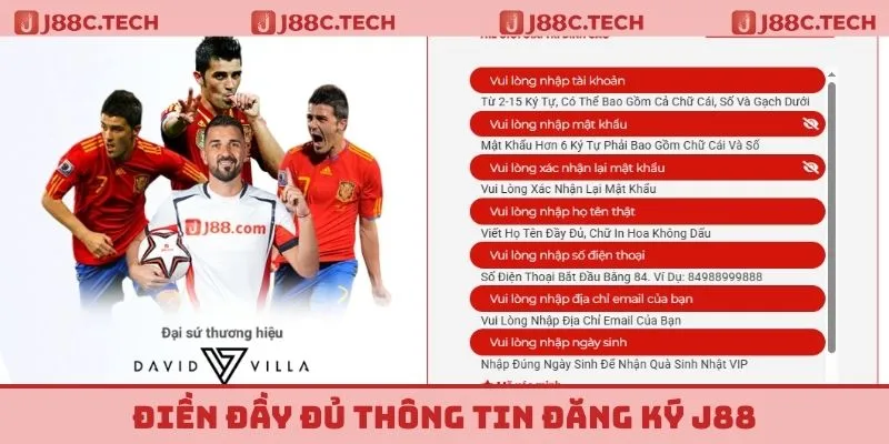 Điền đầy đủ thông tin tên, mật khẩu, số điện thoại,...để đăng ký J88